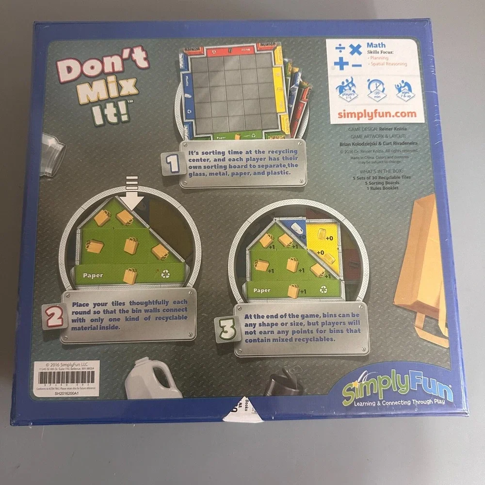 SimplyFun Don't Mix It! Recyclables Sorting Game Reiner Knizia Math Board Game